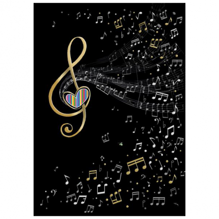 Doppelkarte mit dem Motiv einer eines Notenschlüssels und Musiknoten auf schwarzem Hintergrund- aus der Serie Jewels von Bug Art