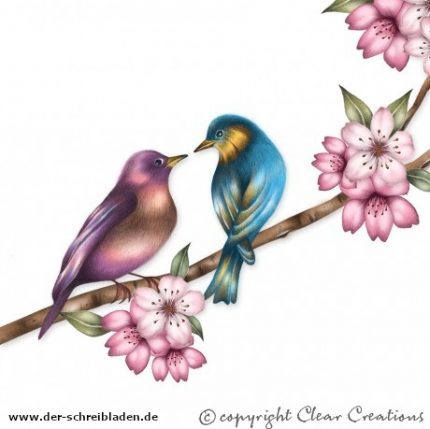 Doppelkarte mit dem Motiv zwei Vögelchen auf Ast mit Blüten