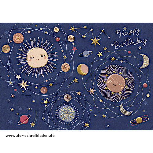 Geburtstagskarte von Turnowsky mit Sonne, Mond und Sterne Motiv. Im hervorgehobenen Prägedruck mit Heißfolienveredelung
