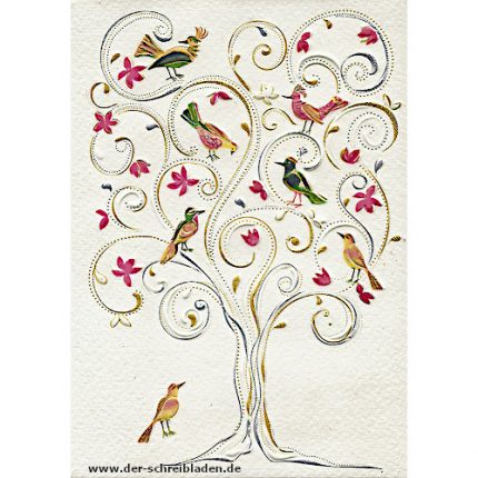Doppelkarte von Turnowsky mit einem zart gezeichneten Baum mit Vögel und Blüten. Im hervorgehobenen Prägedruck mit Heißfolienveredelung