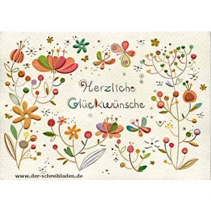 Glückwunschkarte mit fröhlichen und bunten Blumen. Im hervorgehobenen Prägedruck mit Heißfolienveredelung