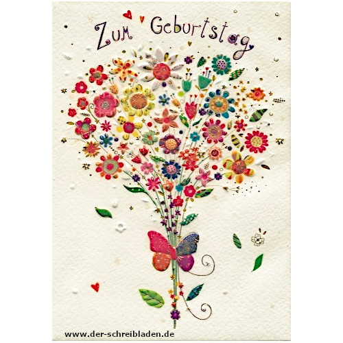 Glückwunschkarte zum Geburtstag von Turnowsky. Das Motiv ist ein bunter Blumenstrauß der von farbenfrohe Schmetterling zusammengehalten wird. Auf Premium-Papier gedruckt und mit Präge- und Heißfoliendruck veredelt