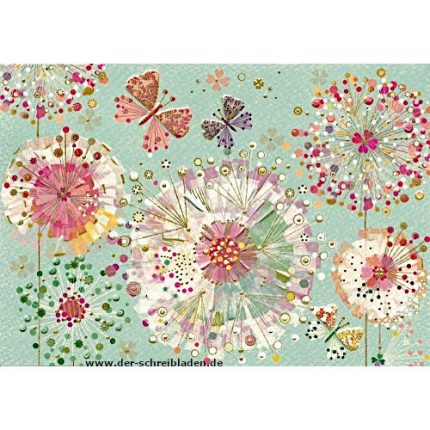 Doppelkarte von Turnowsky mit runden Blumen und Schmetterlinge. Der Hintergrund ist pastellgrün. Auf Premium-Papier gedruckt und mit Präge- und Heißfoliendruck veredelt.
