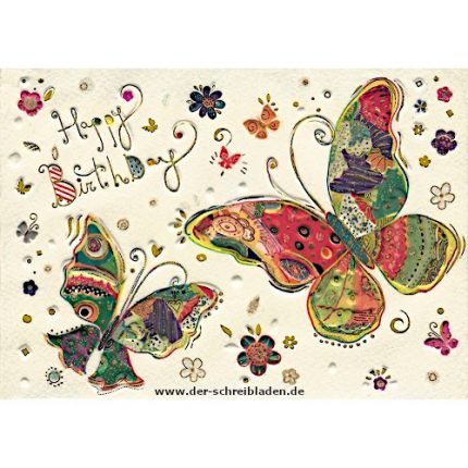 Glückwunschkarte mit Schmetterlingen zum Geburtstag von Turnowsky. Bunt gestaltet mit schöner Kalligrafie Happy Birthday. Auf Premium-Papier mit Präge-und Heißfoliendruck veredelt