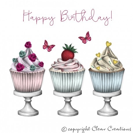 Quadratische Doppelkarte von Clear Creations mit gemalten Muffins auf Ständern. Die Karten sind zum Geburtstag mit dem Text: Happy Birthday. Kein Innentext.