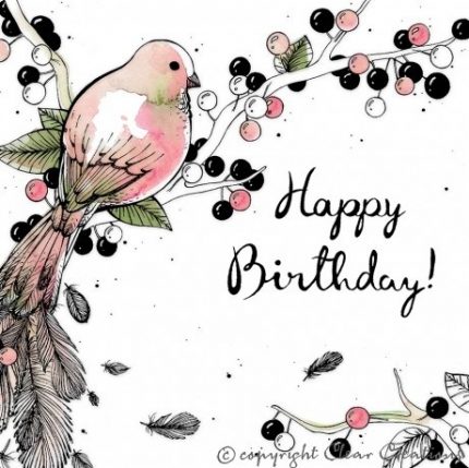 Quadratische Doppelkarte von Clear Creations mit einem gemalten Vögelchen aus einem Ast . Die Karte ist zum Geburtstag mit dem Text: Happy Birthday. Ohne Innentext.