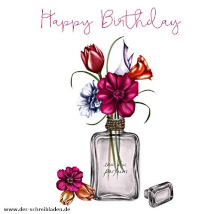 Quadratische Doppelkarte von Clear Creations mit einer gemalten Parfumflasche mit Blumen darin. Die Karten sind zum Geburtstag mit dem Text: Happy Birthday. Kein Innentext.
