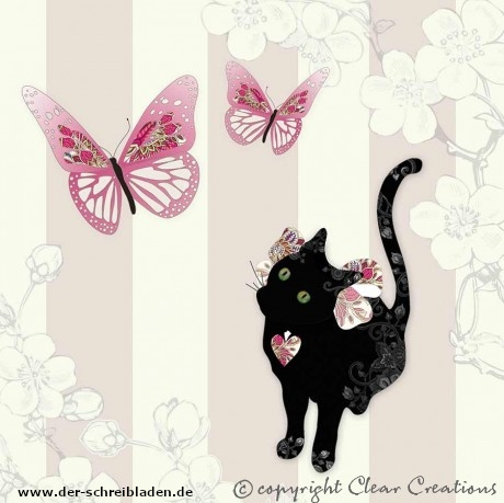 Quadratische Doppelkarte von Clear Creations mit einer gemalten Katze, die Schmetterlinge anschaut. Die Karten sind ohne Text und Innentext.