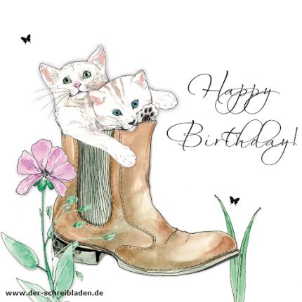 Quadratische Doppelkarte von Clear Creations mit gemalten Kätzchen, die aus einem Stiefel schauen. Die Karten sind zum Geburtstag mit dem Text: Happy Birthday. Kein Innentext.