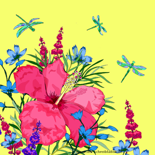 Quadratische Doppelkarte von Clear Creations mit einem farblich intensiven, kontrastreichen Motiv von einer Hibiskus Blume. Die Karten sind ohne Text und Innentext.