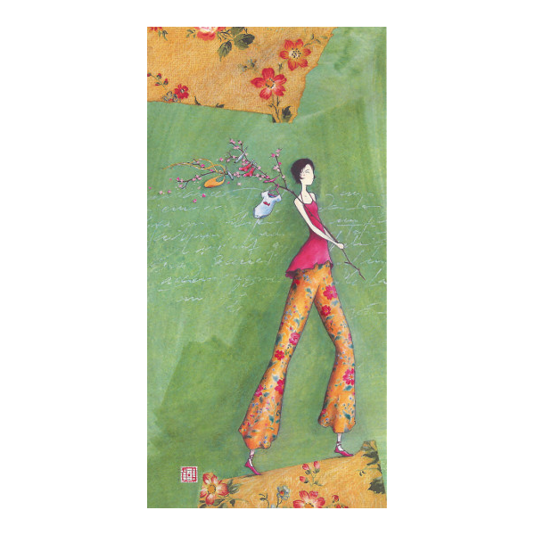 Doppelkarte 18350 von Gaelle Boissonnard, dass eine Frau mit einer bunt gemusterten Hose und einem Zweig zeigt