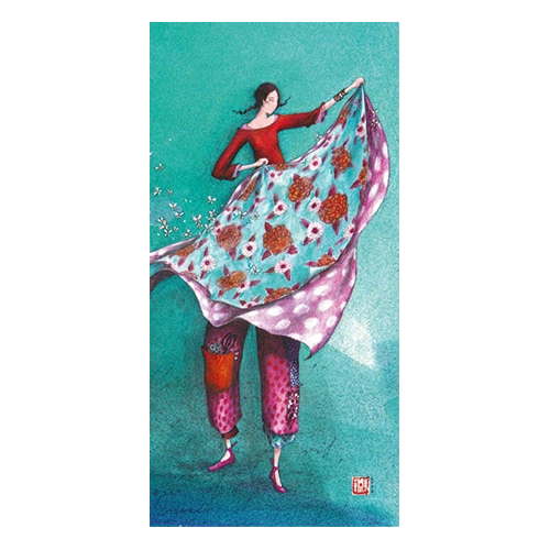 Doppelkarte von Gaelle Boissonnard, die eine Frau mit Tücher zeigt, In der Hose stecken Scheren.
