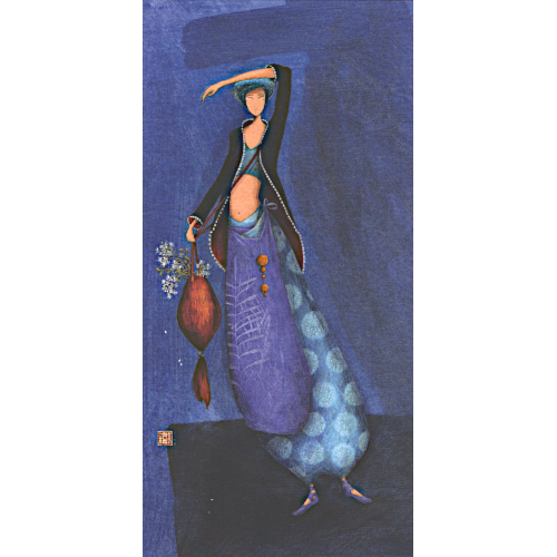 Doppelkarte 18760 von Gaelle Boissonnard mit dem Motiv einer Frau, die ein Gefäß in der Hand hält. Der dunkelblaue Hintergrund lässt eine nächstliche Szene vermuten