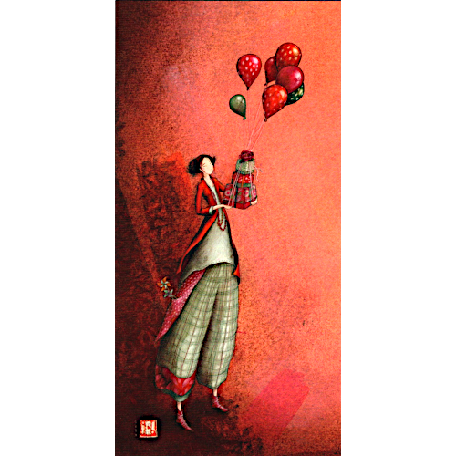 Doppelkarte 18767 von Gaelle Boissonnard, die eine Frau mit Luftballons zeigt