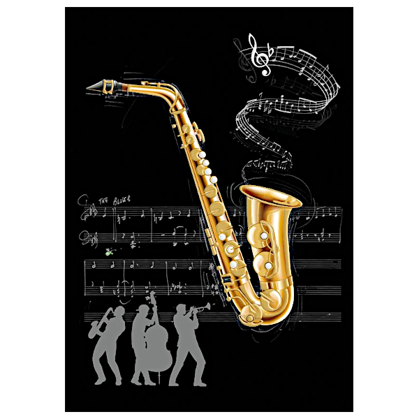 Doppelkarte mit dem Motiv einer Trompete und musizierenden Menschen auf schwarzem Hintergrund- aus der Serie Jewels von Bug Art