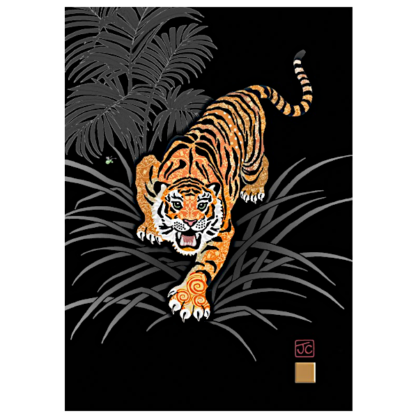Doppelkarte mit dem Motiv eines Tigers auf schwarzem Hintergrund- aus der Serie Jewels von Bug Art
