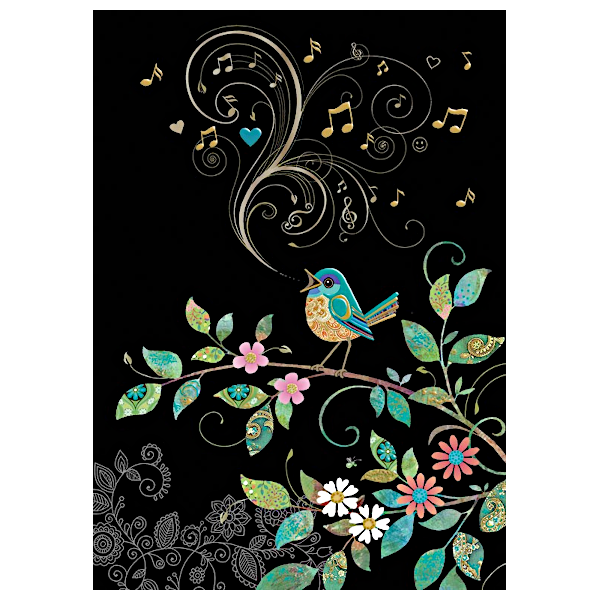 Doppelkarte mit dem Motiv eines singenden Vogels auf schwarzem Hintergrund- aus der Serie Jewels von Bug Art