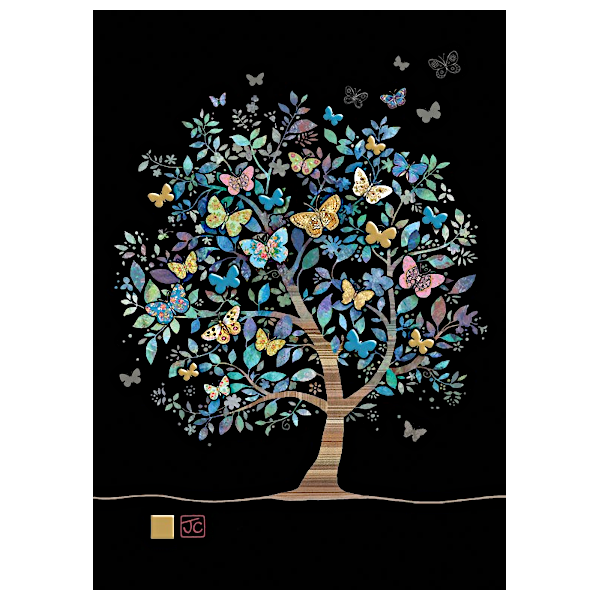 Doppelkarte mit dem Motiv eines Baumes mit Schmetterlingen auf schwarzem Hintergrund- aus der Serie Jewels von Bug Art