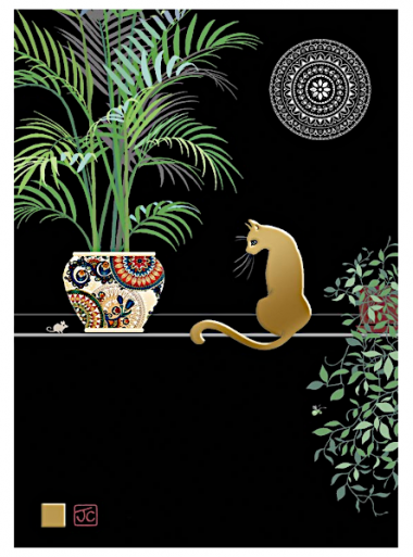 Doppelkarte mit dem Motiv einer Katze und einer Palme auf schwarzem Hintergrund- aus der Serie Jewels von Bug Art