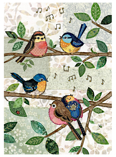 Doppelkarte mit dem Motiv von fünf Vögeln auf Ästen aus der Serie Amy’s Cards von Bug Art