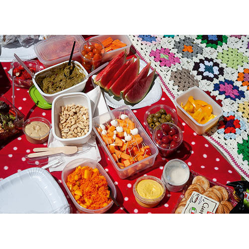 BR-1669 Postkarte Picknick mit zwei bunten Decken und vielen kleinen Snacks, die wunderbar zu einem Picknick passen