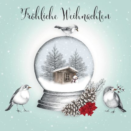 Eine Weihnachskarte mit einer Schneekugel, in der eine Hütte ist. Außen sind Vögel zu sehen. Sehr fein gezeichnet.
