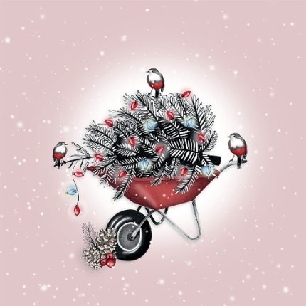 Eine quadratische Weihnachtskarte mit einer Schubkarre, in der viele Christbaumäste liegen. Auf rotem Hintergrund.