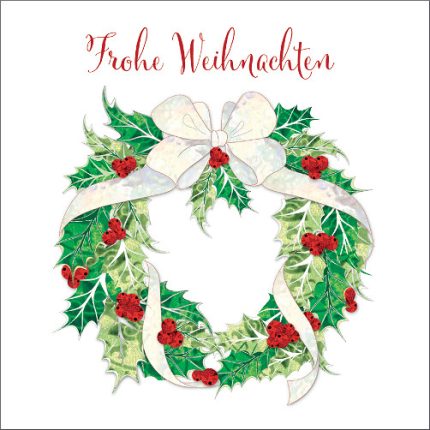 Weihanchtskarte mit einem frein gezeichneten Kranz mit Schleife. Außentext: Frohe Weihnachten