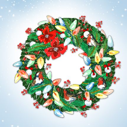 Eine Weihnachtskarte mit einem dekoriertem Zweigenkranz.