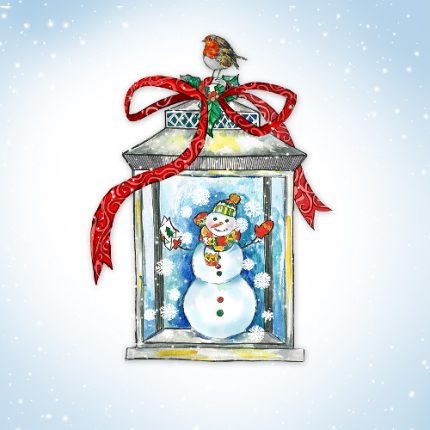 Eine Weihnachtskarte mit einer Laterne mit roter Schleifen. Anstatt einer Kerze ist Ihnen ein Schneemann.