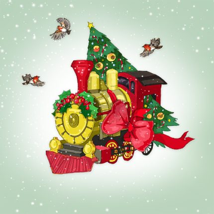 Eine Weihnachtskarte mit einer Dampflok und weihnachtlicher Dekoration.