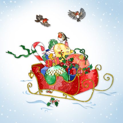 Eine Weihnachtskarte mit einem roten, vollbeladenen Schlitten und weihnachtlicher Dekoration.