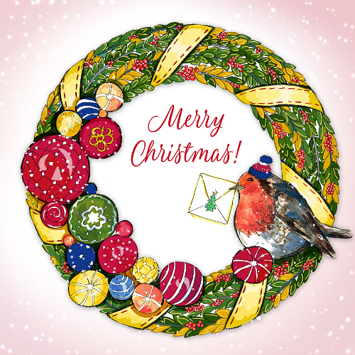 11-98018 Eine quadratische Weihnachtskarte mit einem Kranz,, der mit Kugeln und einem Vogel dekoriert ist.