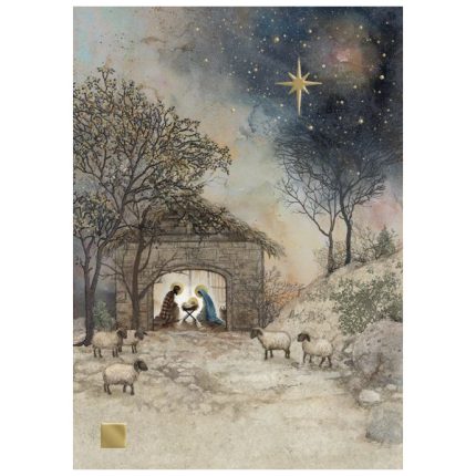 Weihnachtskarte mit dem Stall in Bethlehem,, der heiligen Familie und einige Schafen in einer ländlichen Umgebung.