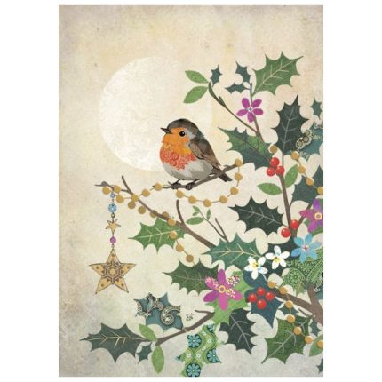 Ein Rotkehlchen sitzt auf dem Ast einer Stechpalme. die mit einem Stern behängt ist.