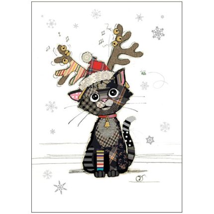 Eine Weihnachtskarte mit einer fröhlichen Katze, die eine rote Mütze trägt, die mit einem Geweih dekoriert ist.