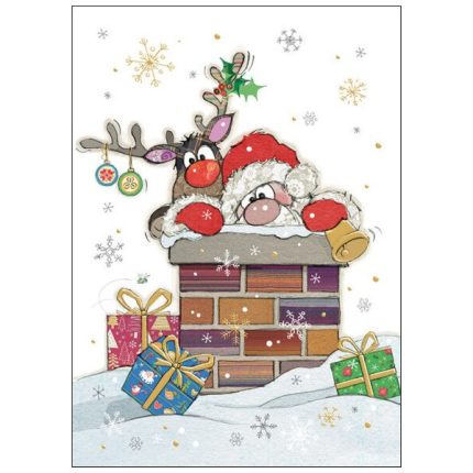 Eine Weihnachtkarte, auf der ein Santa Claus in den Kamin steigt. Im Hintergrund sieht man Rudolph the Reindeer