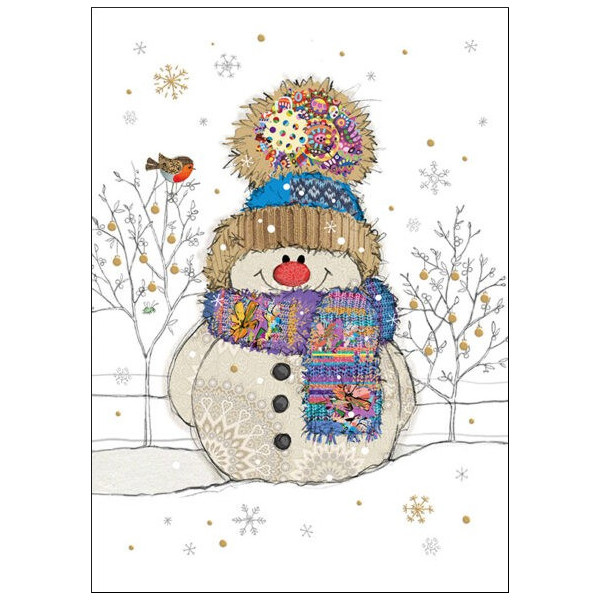 GC013_WS Eine Weihnachtskarte, auf der man einen fröhlichen Schneemann sieht, der angezogen ist mit einem Schal und einer Mütze.