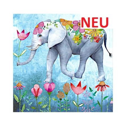 eine qzadratische Postkarte mit dem Motiv eines Elefanten mit vielen Details auf blauem Hintergrund mit Blumen unten. Die Künstlerin ist Mila Marquis